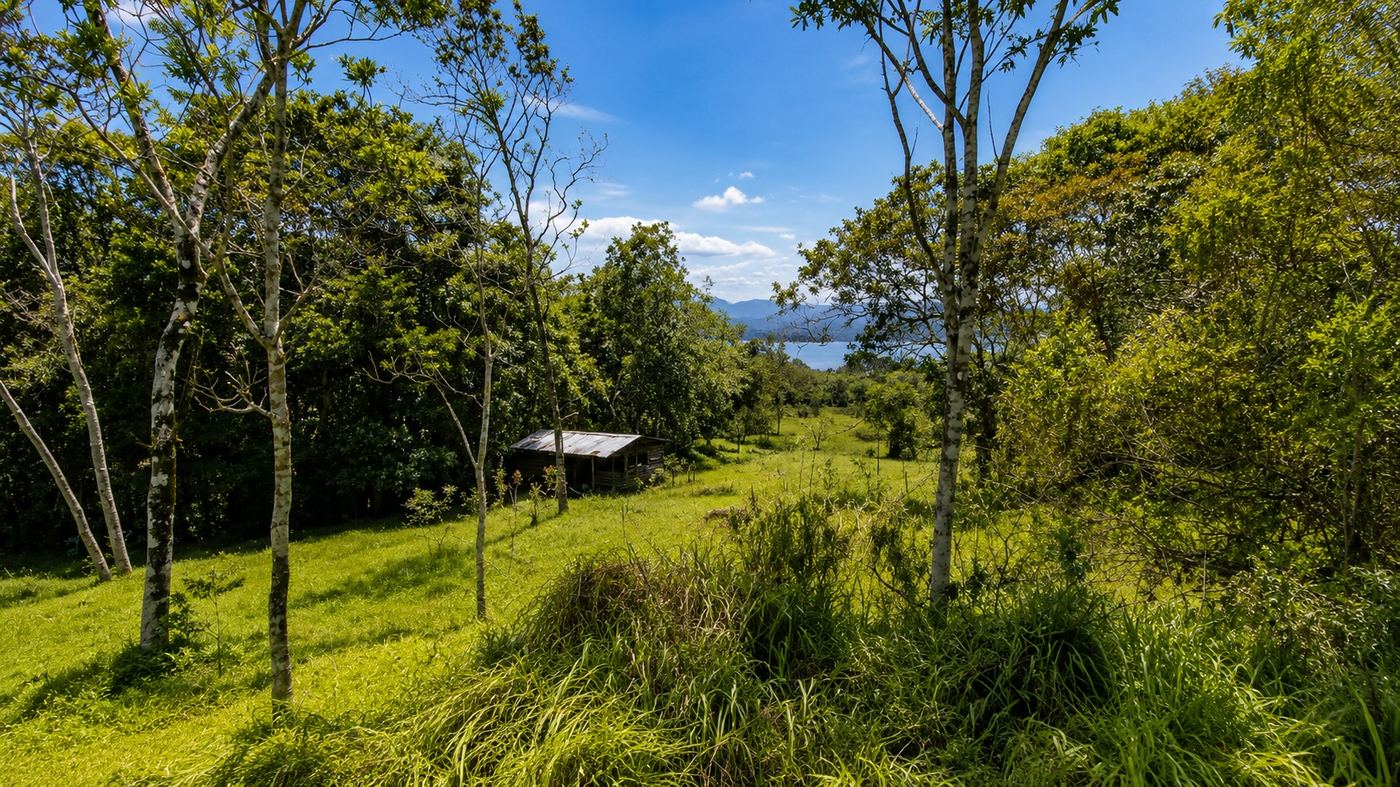 Rustic cabin on the property with lake view beyond