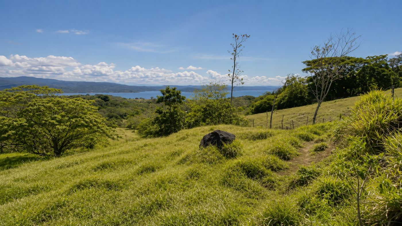 View toward the lake from the property with a volcanic boulder