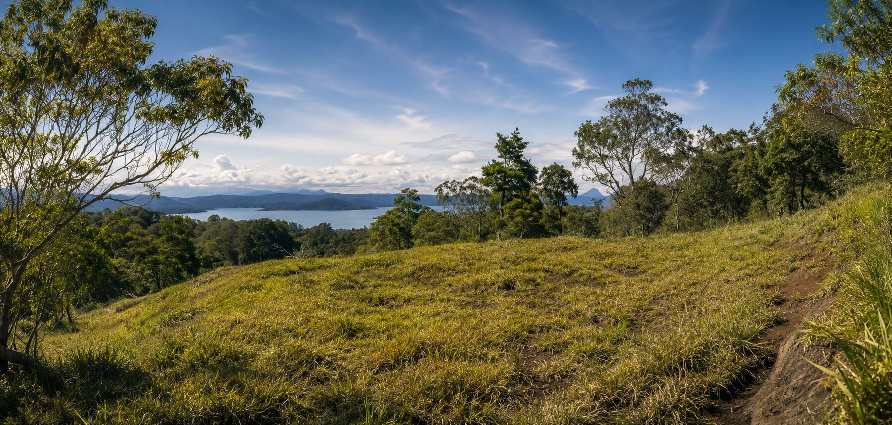 A prepared hilltop plateau with the lake and volcano beyond